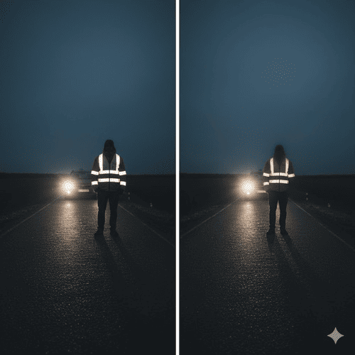 A flashlight shining on high-brightness vs normal-brightness reflective tape in the dark