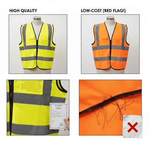 Close-up of mesh fabric on a safety vest vs knitted fabric