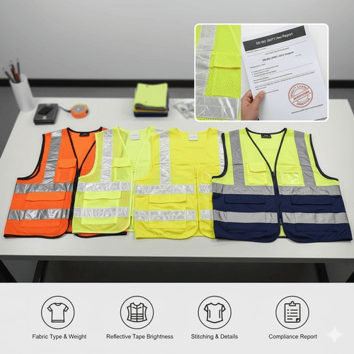 A collection of different high-visibility reflective vests